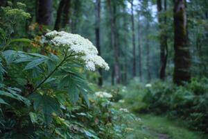A trail through the woods with white flowers photo