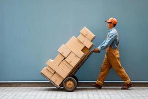 A man in overalls carrying boxes on a hand truck photo