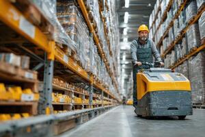 A worker is moving a cart in a warehouse photo