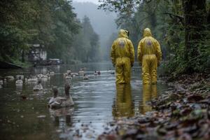 Two people in yellow rain suits standing in water with ducks photo