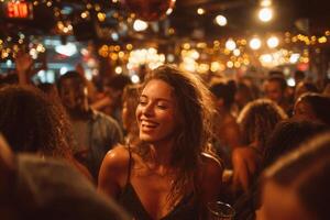 A woman smiling in a crowded nightclub photo