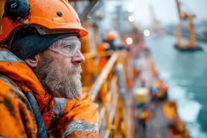 A man in an orange hard hat and safety glasses on a ship photo