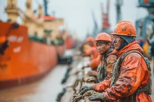 Chinese workers in orange hard hats on a dock photo