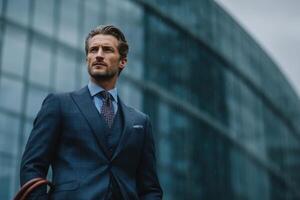 A man in a suit stands outside of a building photo
