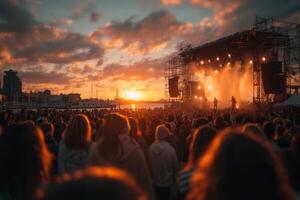 A crowd at a music festival at sunset photo