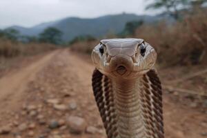 A cobra snake on a dirt road photo