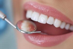 A woman is holding a toothbrush and looking at her teeth photo