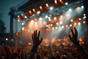 Hands raised in front of a stage at a concert photo