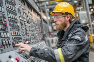 A man in a hard hat and safety glasses working on a control panel photo