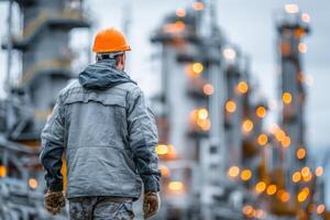 A man in a hard hat and jacket standing in front of an oil refinery photo