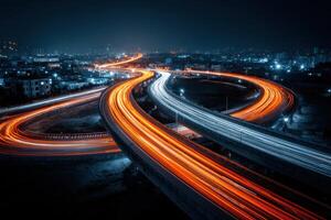 A highway at night with light trails photo