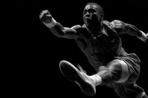 A man in a black and white photo is jumping
