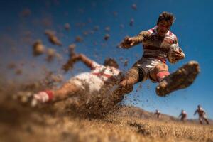 A rugby player is running through the mud photo