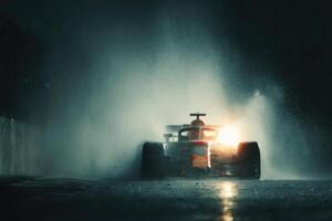 A racing car is driving through the rain photo