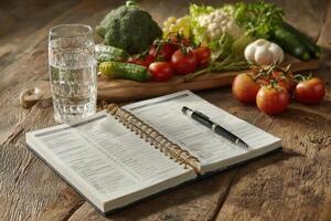 A notebook with a pen and a glass of water on a wooden table photo