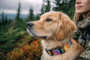 A woman is sitting on a hill with a dog wearing a colorful collar photo