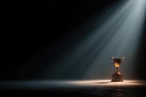 A trophy cup on a dark stage with light coming from the top photo