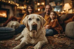 A family sitting in front of a fireplace with their dog photo