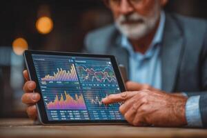 A man in a suit is using a tablet with a graph on it photo