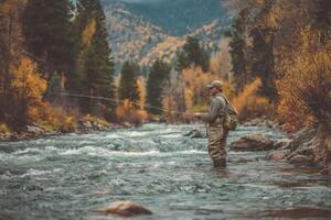 A man fly fishing in the mountains photo