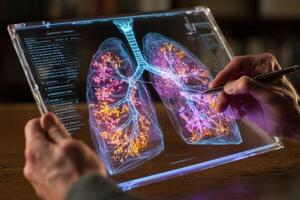 A person holding a pen and drawing a lung photo