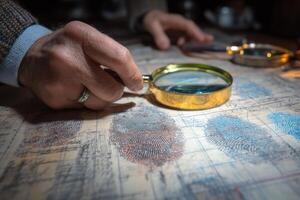 A person is looking at a magnifying glass on a map photo