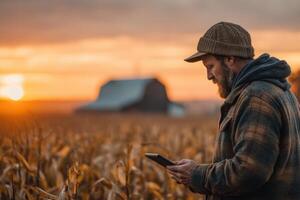 Man in field using tablet at sunset photo