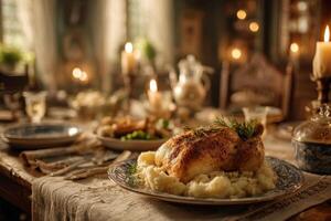 A dinner table with a roast chicken, mashed potatoes and vegetables photo