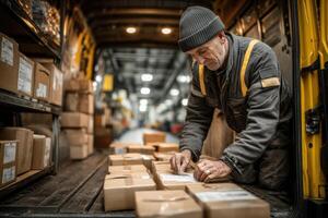 A man in a hat and jacket is working on a package photo