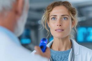 A woman in a lab coat is talking to a doctor photo