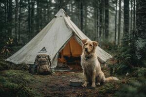 A dog sits in front of a tent in the woods photo
