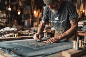 A man with tattoos working on a piece of fabric photo