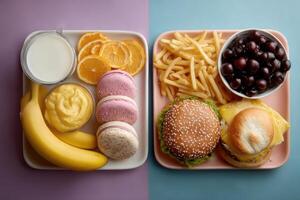 Two plates with food on them, one with a hamburger and the other with a banana and photo