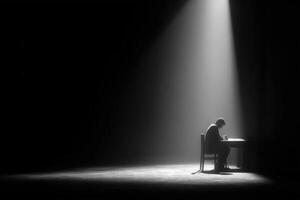 A man sitting at a table in the dark with a spotlight shining on him photo
