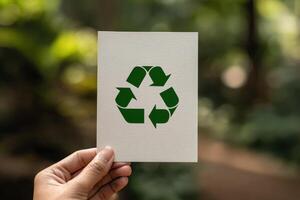 Hand holding a recycling symbol on a green background photo