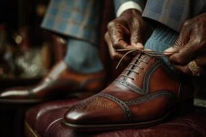 A man tying his shoes with a tie photo