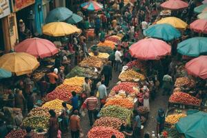 A crowded market with colorful umbrellas and fruit photo