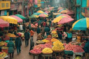 A colorful market with many people walking around photo