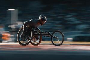 A man in a wheelchair racing on a track photo