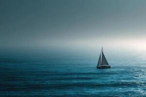 A sailboat floating in the ocean on a foggy day photo