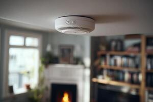 A smoke detector is mounted on the ceiling of a living room photo