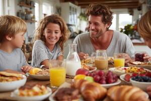 A family eating breakfast together at the table photo