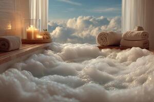 A bathtub with a candle and a towel on the floor photo