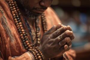 A man in a traditional outfit is praying photo