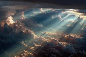 Clouds and sun rays are shown through the clouds photo