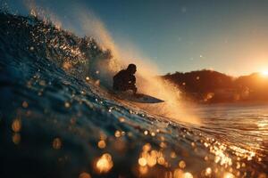 A surfer riding a wave at sunset photo
