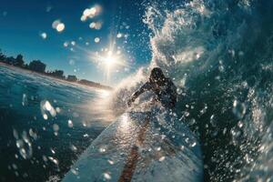 A surfer riding a wave in the ocean photo