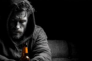 A man in a hoodie sitting on a couch with a beer bottle photo