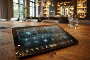 Tablet computer on a wooden table in a restaurant photo
