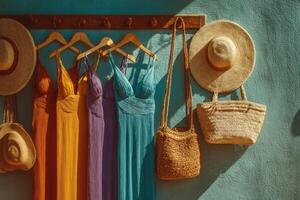 Colorful dresses hanging on a wall with hats photo